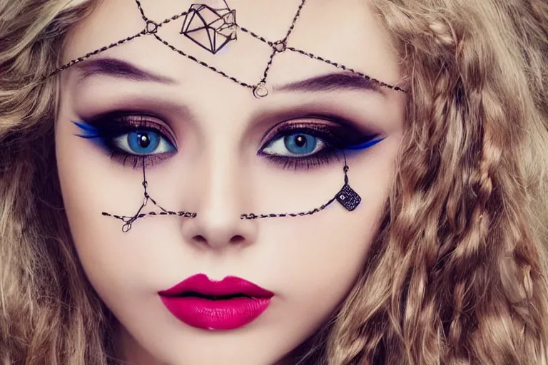 Prompt: fashion photograph of a cute girl with long blonde hair, hanging chain face jewelry and geometric floral face makeup, fantasy outfit, realistic