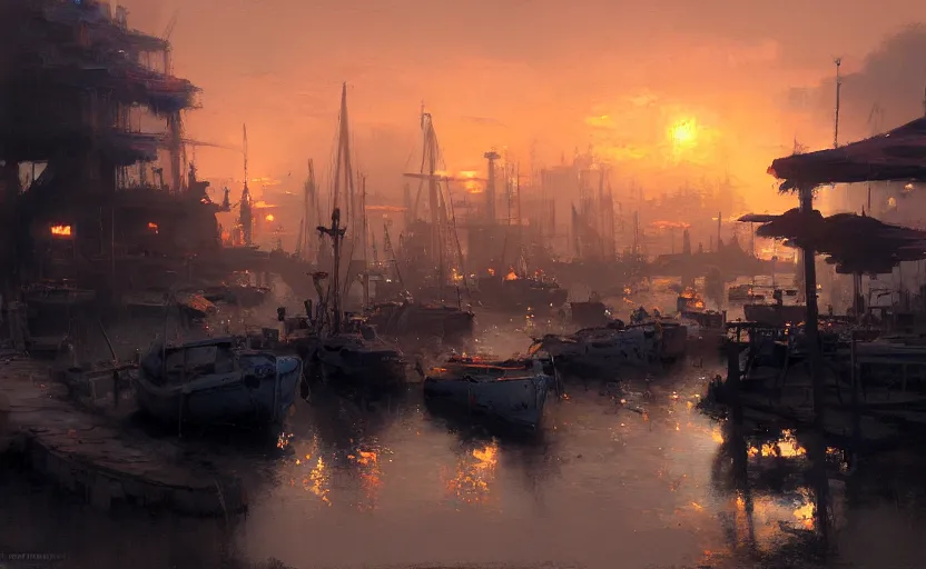 Image similar to an old harbour at dusk by greg ruthkowski and craig mullins