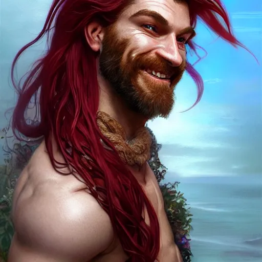 Image similar to portrait of a young ruggedly handsome but joyful pirate, male, muscular, masculine, upper body, red crimson crimson deep red hair, long long flowing hair, fantasy, proud smirk, intricate, elegant, highly detailed, digital painting, artstation, concept art, matte, sharp focus, illustration, art by artgerm and greg rutkowski and alphonse mucha