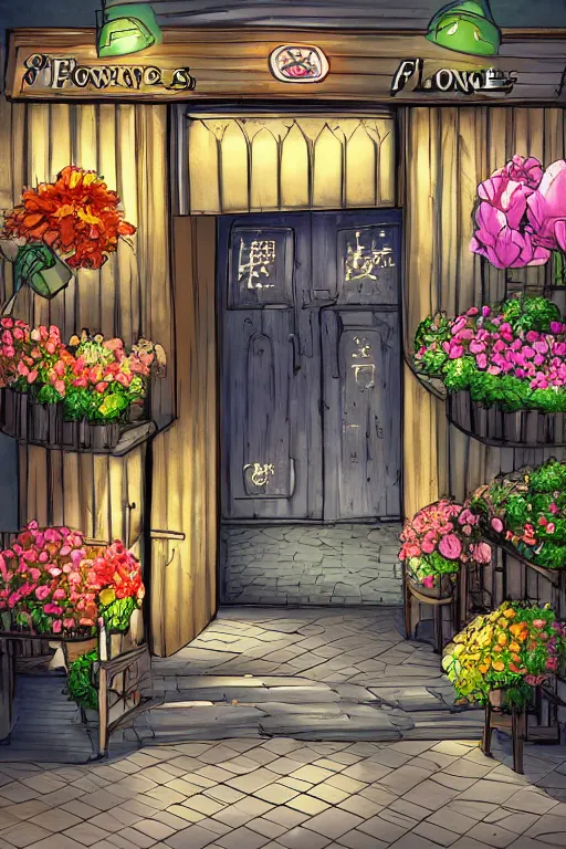 Image similar to a little flower shop's front gate, fresh, digital illustration, pixiv, dramatic lighting