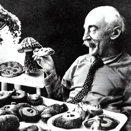 Prompt: albert hoffman eating shrooms