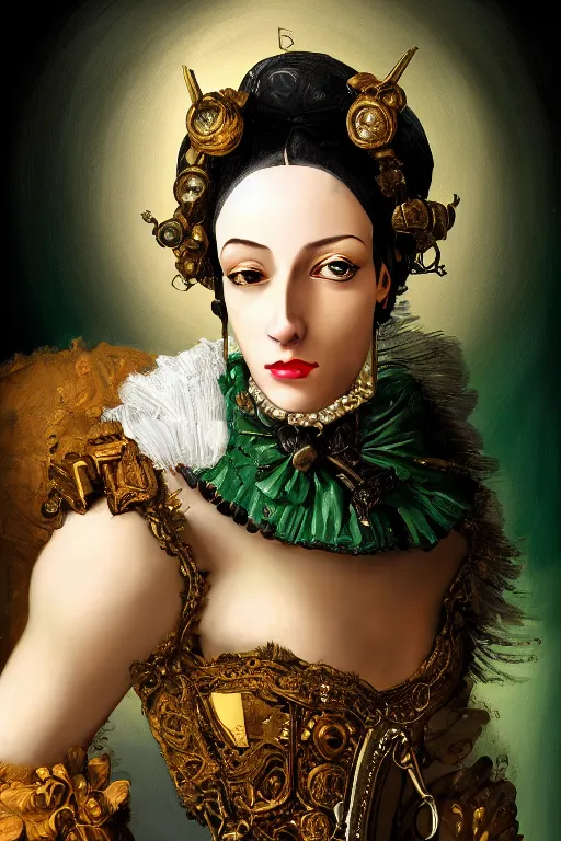 Prompt: portrait, headshot, digital painting, of a 17th century, beautiful, decadent, automaton cyborg merchant girl, Borgia, dark hair, amber jewels, baroque, ornate dark green clothing, scifi, futuristic, realistic, hyperdetailed, underexposed, chiaroscuro, concept art, art by fenki bilal and caravaggio