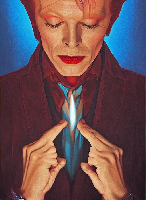 Image similar to twin peaks poster art, portrait of david bowie split half in darkness, by michael whelan, rossetti bouguereau, artgerm, retro, nostalgic, old fashioned