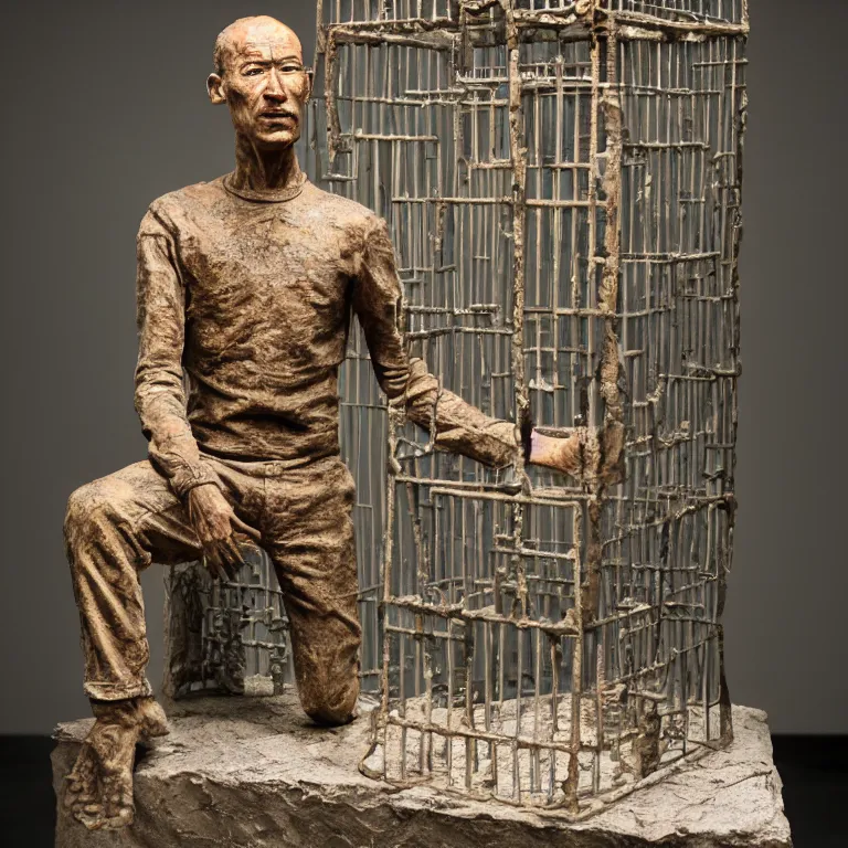 Prompt: hyperrealistic sculpture of a fossilized bronze male uyghur prisoner in a cage made of low poly acrylic on a pedestal by giacometti and lee bontecou, hyperrealistic dramatic colored lighting trending on artstation 8 k