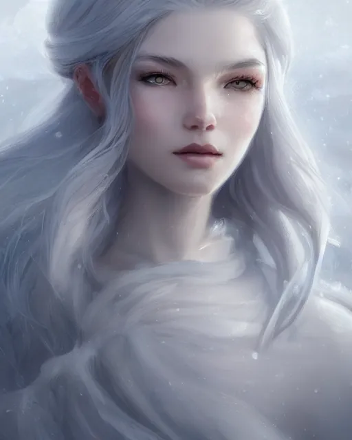 Image similar to portrait of a beautiful snow goddess, flowy white grey hair, grey eyes, cinematic lighting, highly detailed, digital painting, trending on artstation, pixiv, concept art, sharp focus, illustration, art by ross tran and wlop