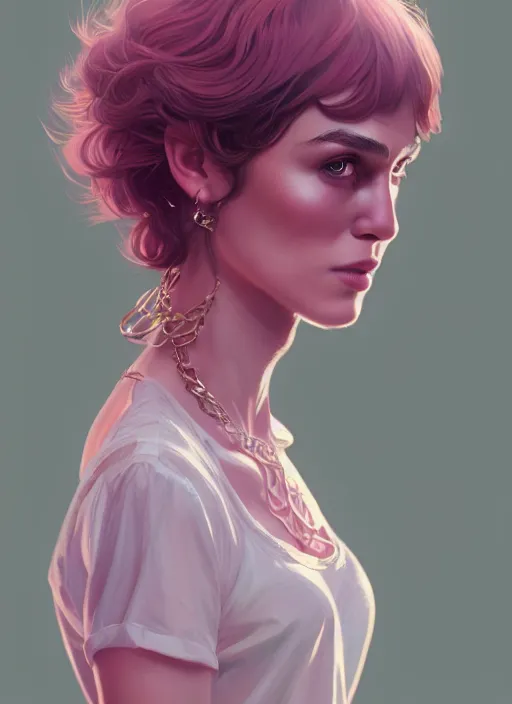 Image similar to full body portrait, teenage keira knightley, pink hair, sultry, realistic, hoop earrings, skirt, shirt, intricate, elegant, highly detailed, digital painting, artstation, concept art, smooth, sharp focus, illustration, art by wlop, mars ravelo and greg rutkowski