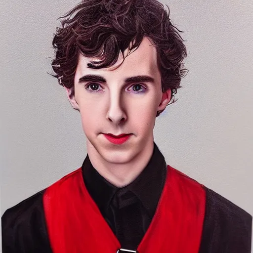 Prompt: portrait of a hybrid of benedict cumberbatch and freddie highmore and timothee chalamet, black shirt with red suspenders, singer in the voice show, photo realistic, highly detailed, perfect face, oil painting