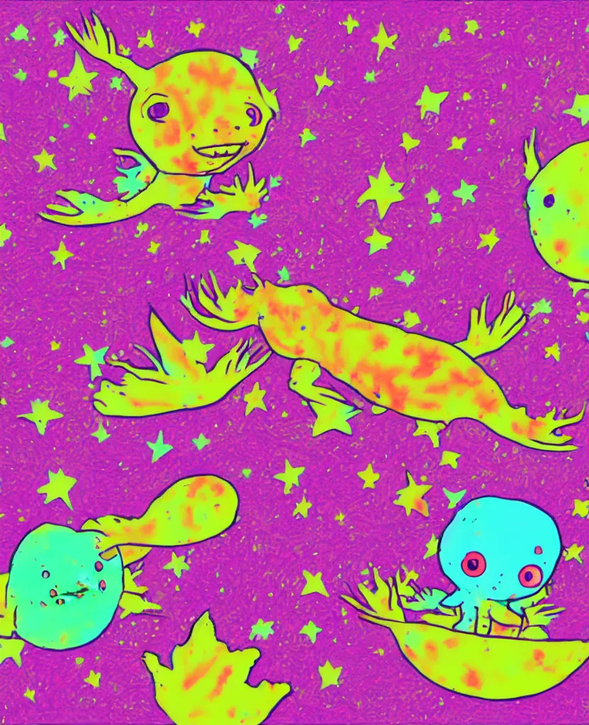 Prompt: cute axolotl floating in space, oil pastel art, organic digital art, 3 d hd high definition render, in the style of warhol 7 0 ’ s