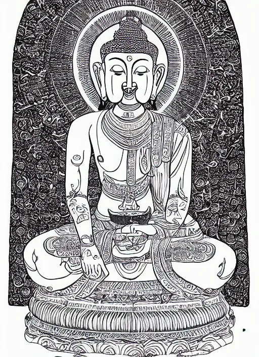 Image similar to detailed pen and ink illustration of a man with a bears head, Buddhist bodhisattva, anthropomorphic, all drawn with micron, seated in royal ease, black micron pen on white paper, highly detailed, fine pen work, white background