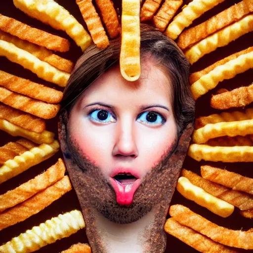 Prompt: a portrait of a person made out of hot dogs, hamburgers, and french fries. surreal. hyper realistic. photography. 4 k. hyper detail. very realistic.