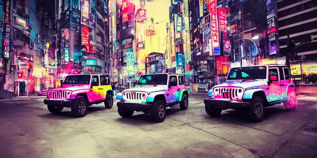 Prompt: old photograph of an Itasha style 1997 hardtop Jeep Wrangler, urban Shibuya, floating orbs of liquid, neon night, cinematic, refraction, colorful, photorealistic, dark, atmospheric, ultra realistic, insanely detailed, lights and shadows