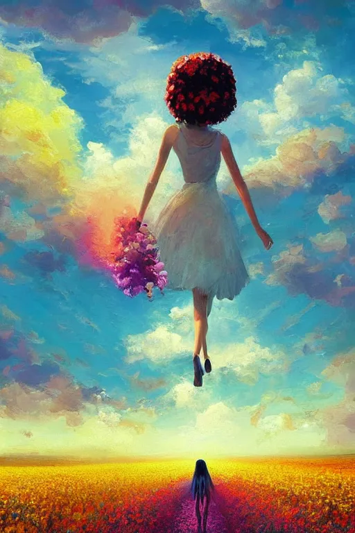 Image similar to giant flower head, girl walking in a flower field, surreal photography, sunrise, dramatic light, impressionist painting, colorful clouds, digital painting, artstation, simon stalenhag