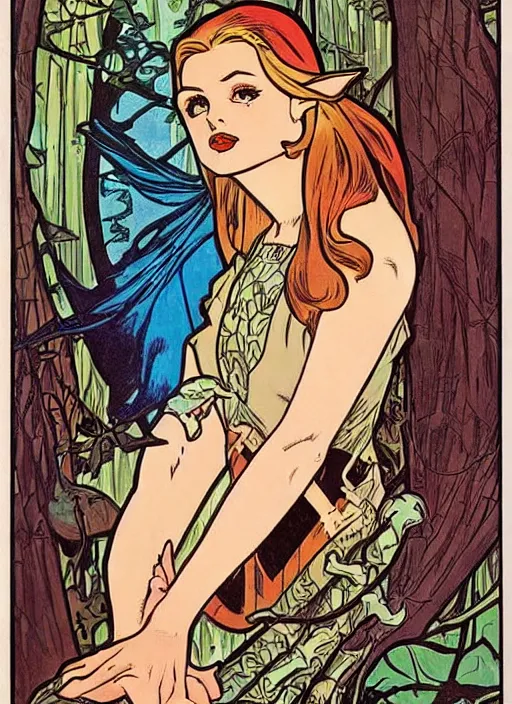 Image similar to a beautiful young woman. she is a woodland elf. well composed, clean elegant painting, beautiful detailed face. retro comic book art by steve ditko and jack kirby and ( alphonse mucha )