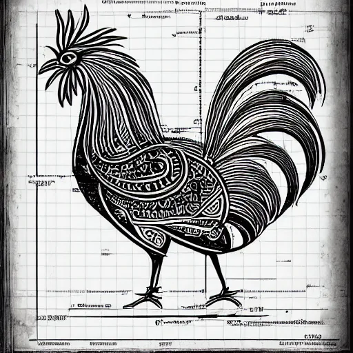 Prompt: architectural drawing of a rooster, infographic, vibrant, detailed, dimensions, elevation, technical sketch