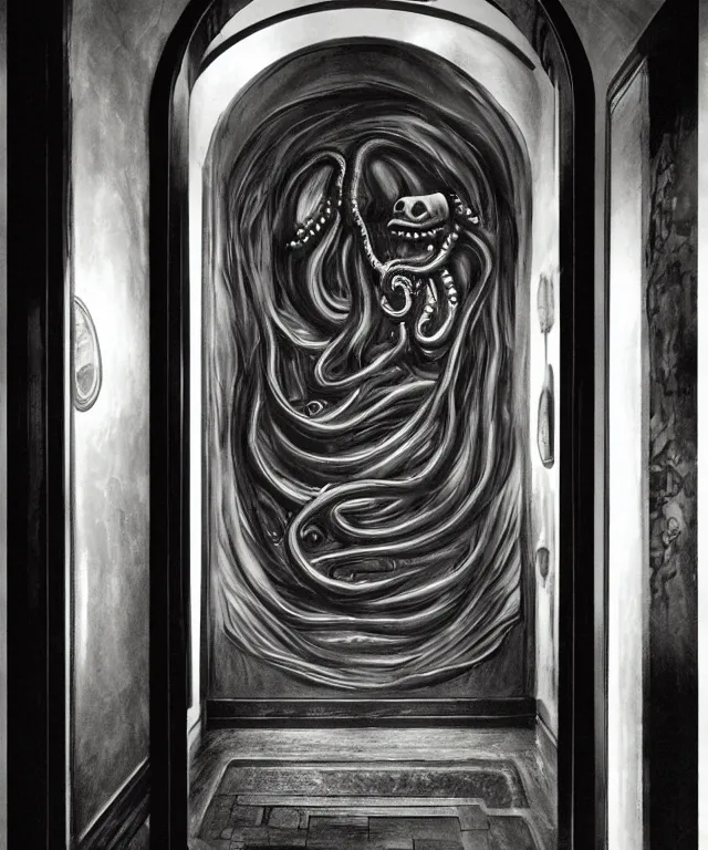 Image similar to horrifying photorealistic image of a 1 9 2 5 hotel elevator lobby, elevator doors look like a mouth, with a tentacle - shaped tongue, licking out, dark, atmospheric, brooding, smooth, finely detailed, cinematic, epic, lovecraft, in the style of lee gibbons