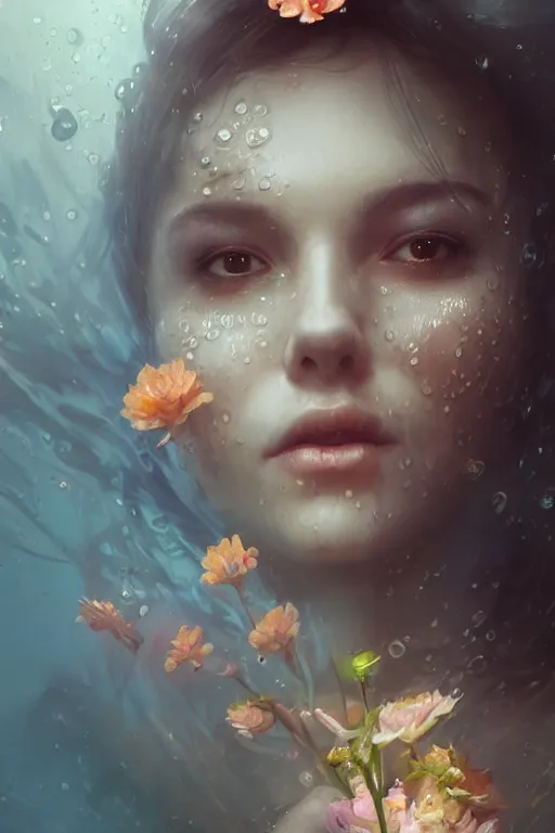 Prompt: face closeup a young beautiful girl drowned in water, underwater photography, 3 d render, hyper realistic detailed portrait, holding magic flowers, ruan jia, wlop. scifi, fantasy, hyper detailed, octane render, concept art, by peter mohrbacher, by wlop, by ruan jia