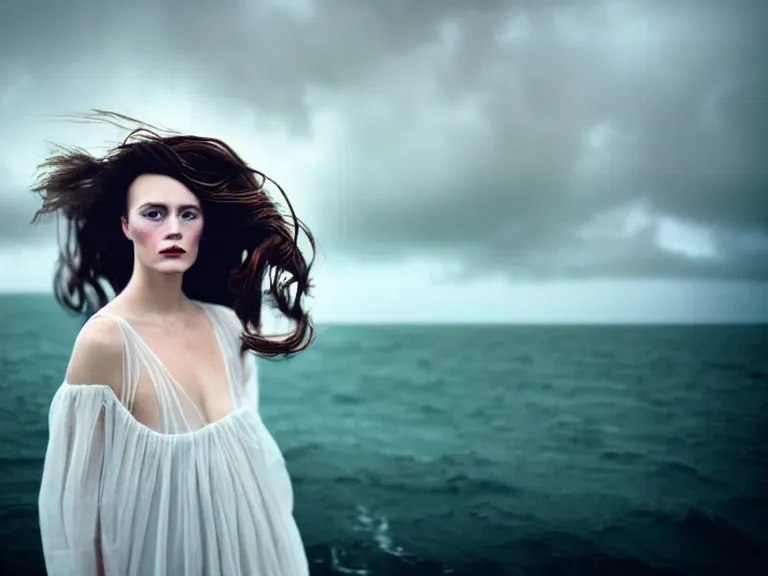 Prompt: cinestill 5 0 d photography portrait of a woman britt marling 3 / 4 style of nicholas fols, 2 0 0 mm, dress in voile, hair like dark clouds, hair floating on air, head in focus, mute dramatic colours, soft blur outdoor stormy sea background, volumetric lighting, hyper detailed, hyper realistic