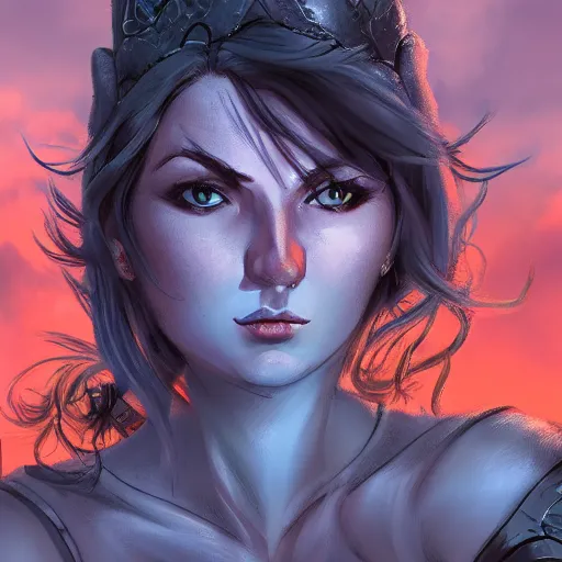 Image similar to fantasy heroine detailed looking heroically at the sky at dusk, profile, in the style of Milica Čeliković and James Daly, artstation, digital art