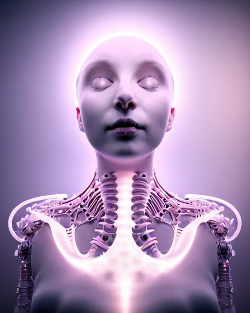 Image similar to white background, halo, dreamy foggy elegant soft luminous profile face 3 d render of a beautiful young baby pink biomechanical - female - cyborg with a delicate detailed black mandelbrot fractal texture skin and a very long neck with white gothic pearl embroidered collar, white smoke atmosphere, hg giger, 8 k