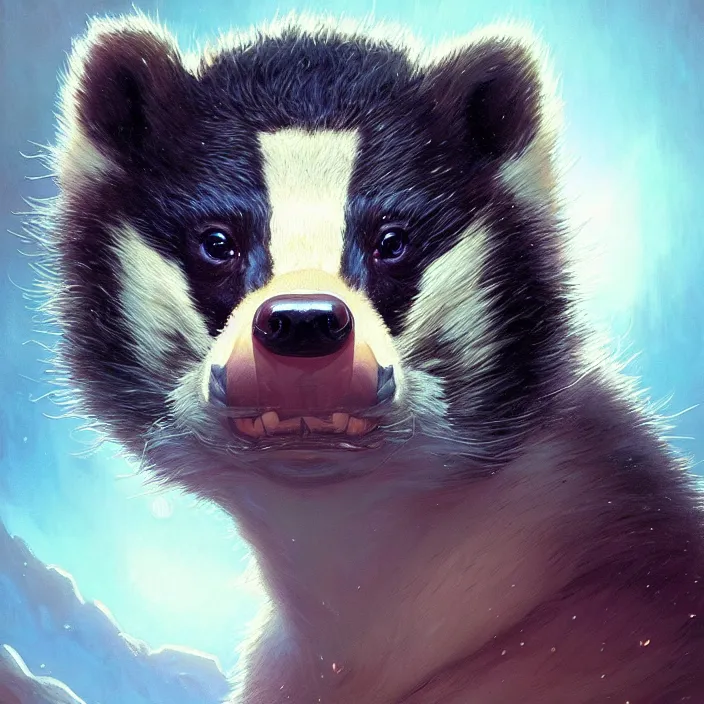 Image similar to highly detailed portrait of a cute badger, unreal engine, fantasy art by greg rutkowski, loish, rhads, ferdinand knab, makoto shinkai and lois van baarle, ilya kuvshinov, rossdraws, tom bagshaw, alphonse mucha, global illumination, radiant light, detailed and intricate environment