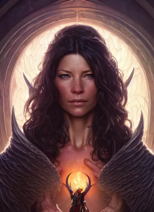 Image similar to evangeline lilly as the angel of death, deep focus, d & d, fantasy, intricate, elegant, highly detailed, digital painting, artstation, concept art, matte, sharp focus, illustration, hearthstone, art by artgerm and greg rutkowski and alphonse mucha