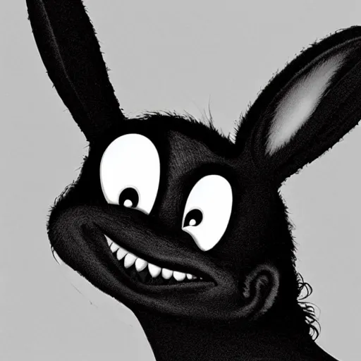 Image similar to A extremely highly detailed majestic hi-res beautiful, highly detailed head and shoulders portrait of a scary terrifying, horrifying, still of a creepy black cartoon rabbit in eraserhead with scary big eyes, earing a shirt laughing, hey buddy, let's be friends, in the style of Walt Disney animation