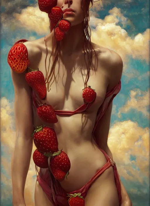 Image similar to highly detailed oil painting | very intricate | cinematic lighting | award - winning | strawberry cheese cake bikini fashion by alexander mcqueen | by roberto ferri, by tom bagshaw, by j. c. leyendecker and klimt, american romanticism, by austin osman spare, artstation, cgsociety, official art, octane