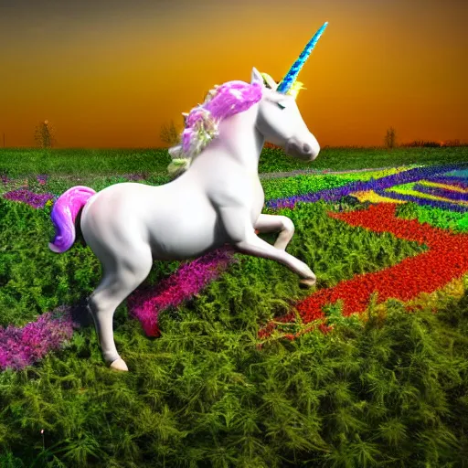 Image similar to a colorful unicorn with wings eating in a field of marijuana, photography, 8 k, highly detailed, ultra realistic, path traced