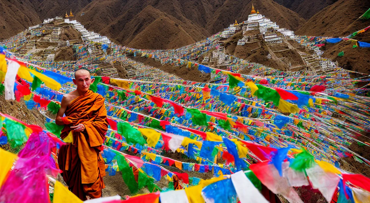 Prompt: buddhist monk fashion advertising campaign, nepal monastery, on top of a mountain, prayer flags, vibrant colors, photography, very beautiful, highly detailed, intricate