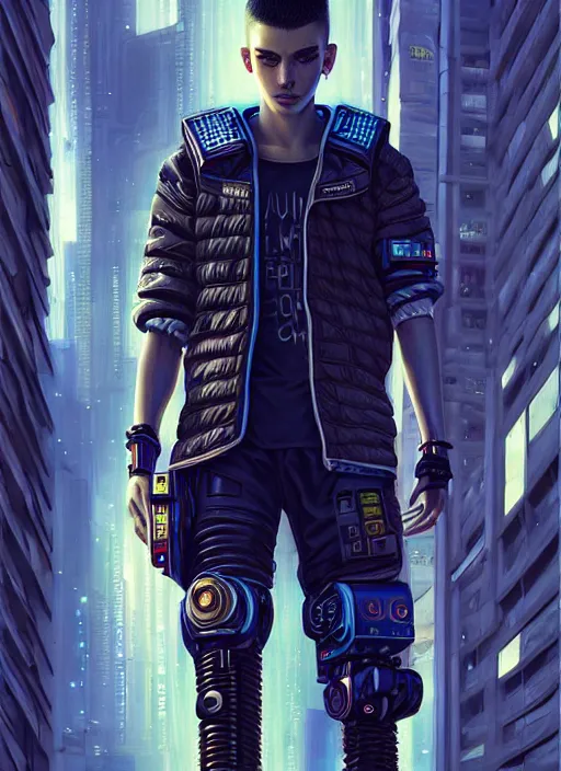 Image similar to photo of cyberpunk male teenager in the style of stefan kostic, realistic, sharp focus, 8 k high definition, insanely detailed, intricate, elegant, art by stanley lau and artgerm