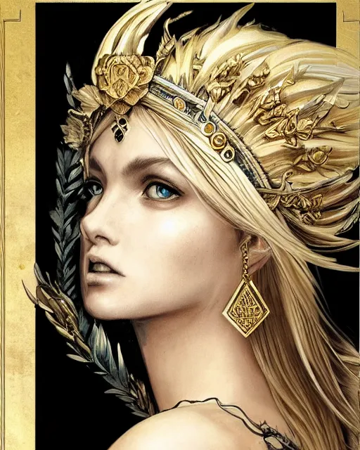 Image similar to tattoo sketch of blonde super model aphrodite greek goddess wearing a gold laurel wreath and triangle earrings, beautiful piercing gaze with sharp pupils, in the style of greg rutkowski, fantasy, amazing detail, epic, elegant, smooth, sharp focus, front view