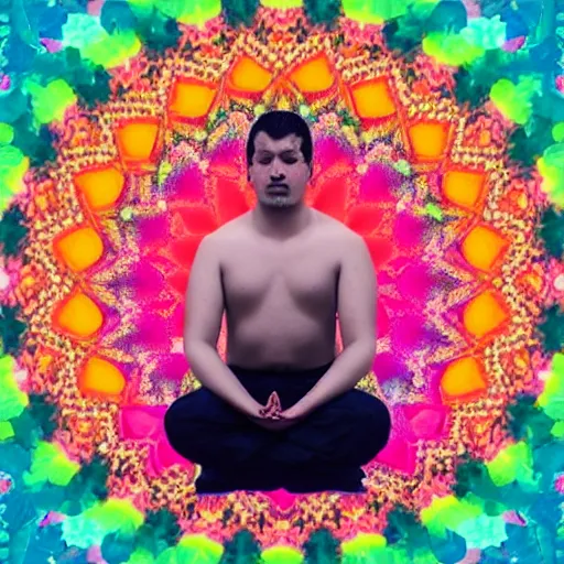 Image similar to A beautiful photograph of a man with a large head, sitting in what appears to be a meditative pose. His eyes are closed and he has a serene look on his face. His body is made up of colorful geometric shapes and patterns that twist and turn in different directions. It's almost as if he's sitting in the middle of a kaleidoscope! peach, rococopunk by Phoebe Anna Traquair stormy