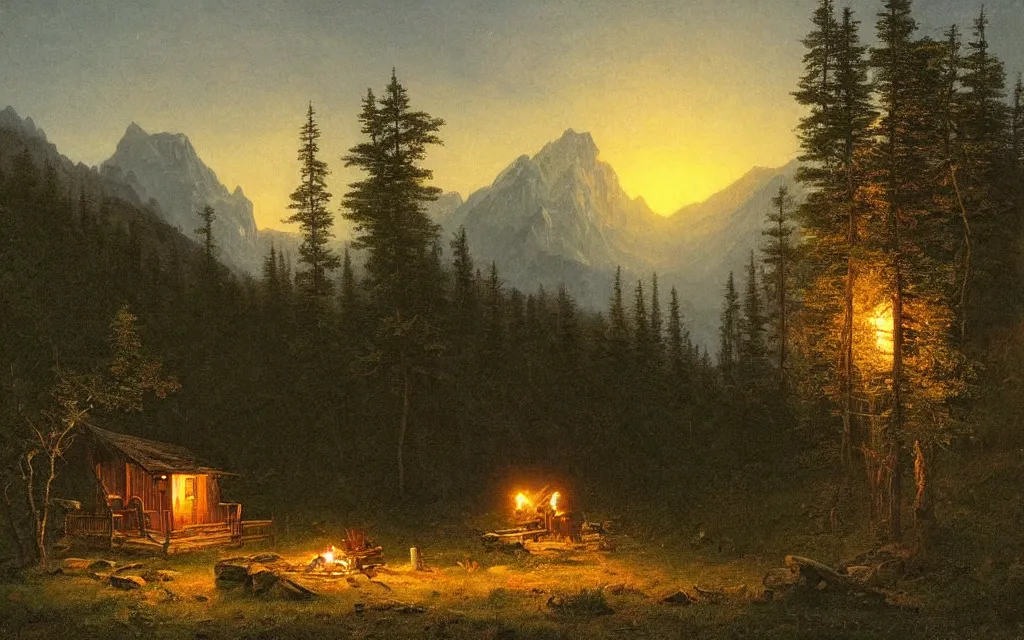 Image similar to small wood cabin with a small campfire on the edge of a forest overlooking a beautiful valley at dusk, mountainous backdrop, cinematic lighting, intricate ink illustration, by albert bierstadt