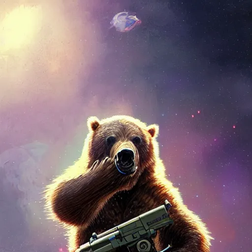 Image similar to detailed science - fiction character portrait of a grizzly bear shooting a machine gun in space, intricate, wild, highly detailed, digital painting, artstation, concept art, smooth, sharp focus, illustration, art by artgerm and greg rutkowski and alphonse mucha