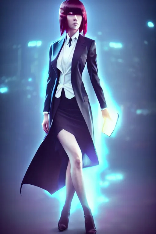 Image similar to a woman in a suit on a beautiful night inspired by ross tran and wlop and masamune shirow and kuvshinov, concept art, intricate, photorealistic, octane render, rtx, hdr, unreal engine, dnd digital art by artgerm