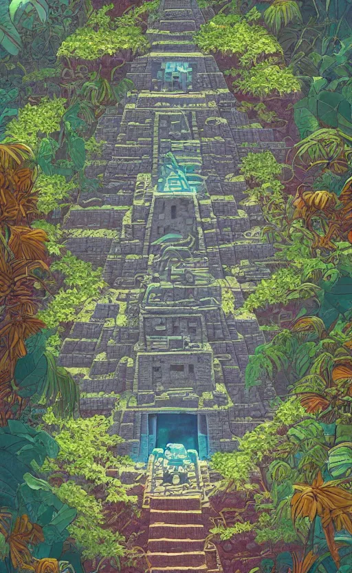 Image similar to a mayan temple, microscopic tardigrade, microbiology, flat, ruins, civilization, vegetation, large leaves, futuristic, sharp focus, electric swirls, backlight, risograph, intricate details, disney pixar, james gilleard, moebius, print, iridescent, global illumination, anime, game art