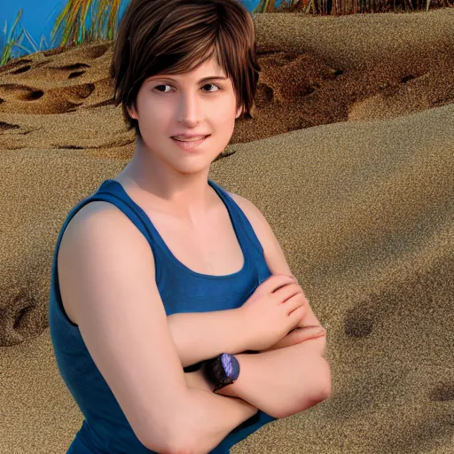 Prompt: rebecca chambers at the beach, 4 k, high detail, high - resolution photograph, professional photography, ultra - detail