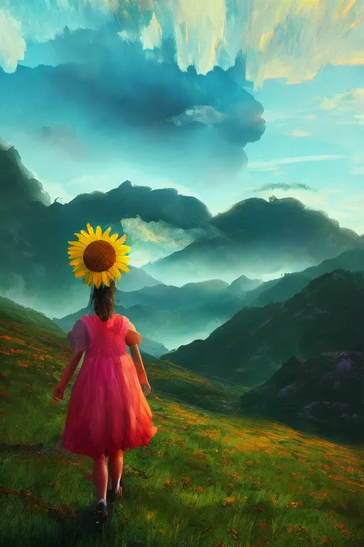 Image similar to giant daisy flower head, girl hiking in the mountains, surreal photography, sunrise, dramatic light, impressionist painting, colorful clouds, digital painting, artstation, simon stalenhag