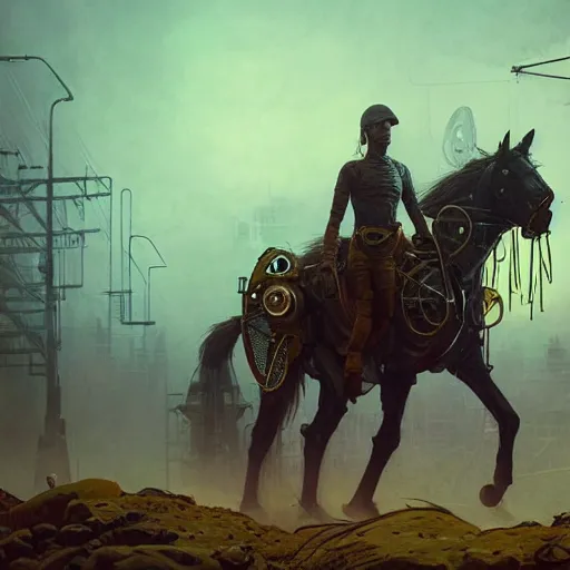 Image similar to photo of VAZ2105 mechanic horse as a loading screen, intricate, dystopian, sci-fi, extremely detailed, digital painting, artstation, concept art, smooth, sharp focus, illustration, intimidating lighting, incredible art by artgerm and greg rutkowski and alphonse mucha and simon stalenhag