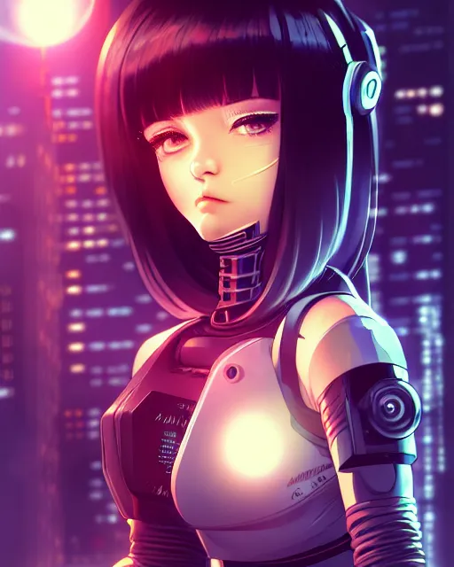 Image similar to a comic potrait of a cyberpunk cyborg girl with big and cute eyes, fine - face, realistic shaded perfect face, fine details. night setting. very anime style. realistic shaded lighting poster by ilya kuvshinov katsuhiro, unreal engine, global illumination, radiant light, detailed and intricate environment