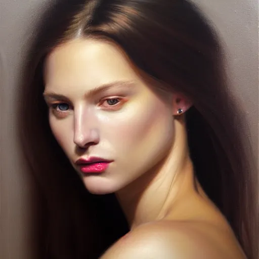 Prompt: Facial portrait of a gorgeous girl, looking away from the camera, seductive smile, sparkle in eyes, lips slightly parted, long flowing hair, no hands visible, delicate, teasing, arrogant, defiant, bored, mysterious, intricate, extremely detailed painting by Mark Brooks (and by Greg Rutkowski), visible brushstrokes, paint visible, vibrant colors, studio lighting