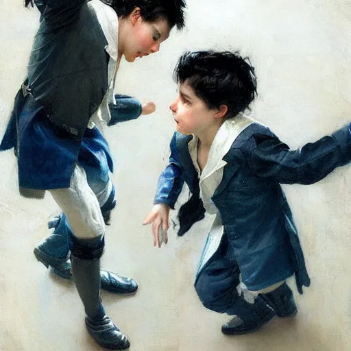 Prompt: twin brothers with black hair and blue eyes play fighting. Ruan Jia. JC Leyendecker. Karlkka