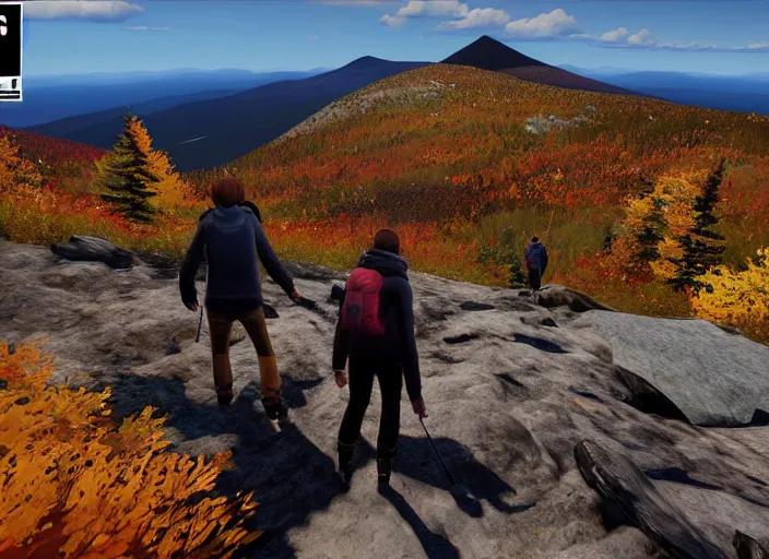 Prompt: friends hiking franconia ridge new hampshire in autumn, life is strange ps 3 gameplay ( 2 0 1 5 ), unreal engine