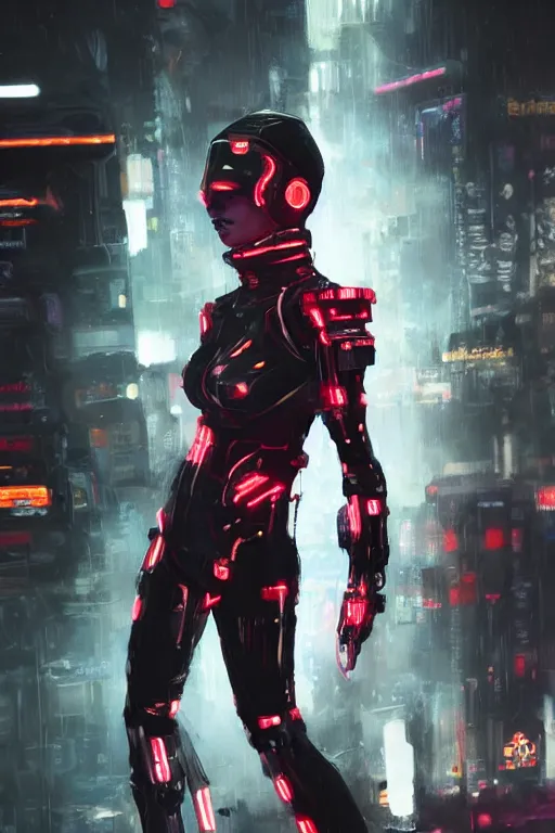 Image similar to An epic comic hyperrealistic full body shot portrait oil painting of a cyber warrrior girl wearing futuristic wardrobe, black and reddis, ultradetailed face expression trending on artstation and artbreeder, cyberpunk 2077 color, heavy rainning at tokyo night, neon light rooftop, unreal 5, DAZ, 8k, unreal 5 engine render, cosplay, RPG portrait, final fantasy Vll world concept, dramatic lighting, rim lights, PS5 render quality