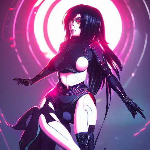 Prompt: digital anime in the style of arcane!!, cyborg - girl hacking into the reality, black red long hair!, biomechanical details, neon background lighting, reflections, wlop, ilya kuvshinov, artgerm