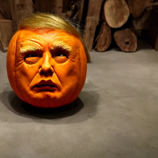 Prompt: donald trump face inside a pumpkin, pumpkin skin, messy hair, face, pumpkin