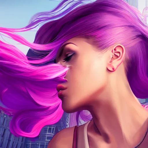 Image similar to a stunning GTA V loading screen with a beautiful woman with ombre hairstyle in purple and pink blowing in the wind, city streets, golden ratio, digital art, trending on artstation