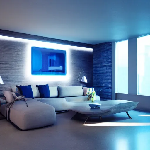 Prompt: futuristic looking living room, dark with blue neon lights, contrasted, octane render