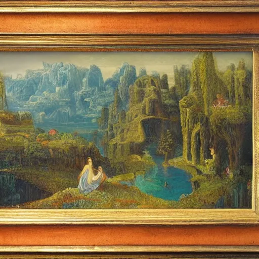 Image similar to A beautiful print of a landscape. It is a stylized and colorful view of an idyllic, dreamlike world with rolling hills, peaceful looking animals, and a flowing river. The scene looks like it could be from another planet, or perhaps a fairy tale. pottery by Gustave Moreau neat