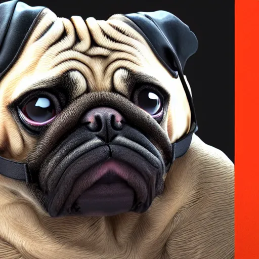 Prompt: 3 d rendered hyper realistic hyper detailed pug wearing a black latex bondage mask with zippers, octane render, blender, 8 k
